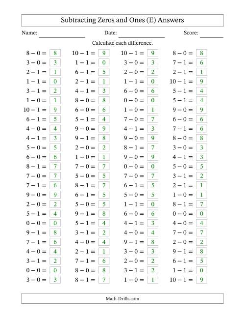 The Horizontally Arranged Subtracting Zeros and Ones with Differences from 0 to 9 (100 Questions) (E) Math Worksheet Page 2
