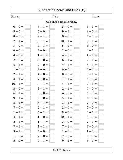 The Horizontally Arranged Subtracting Zeros and Ones with Differences from 0 to 9 (100 Questions) (F) Math Worksheet