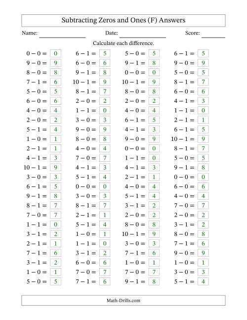 The Horizontally Arranged Subtracting Zeros and Ones with Differences from 0 to 9 (100 Questions) (F) Math Worksheet Page 2
