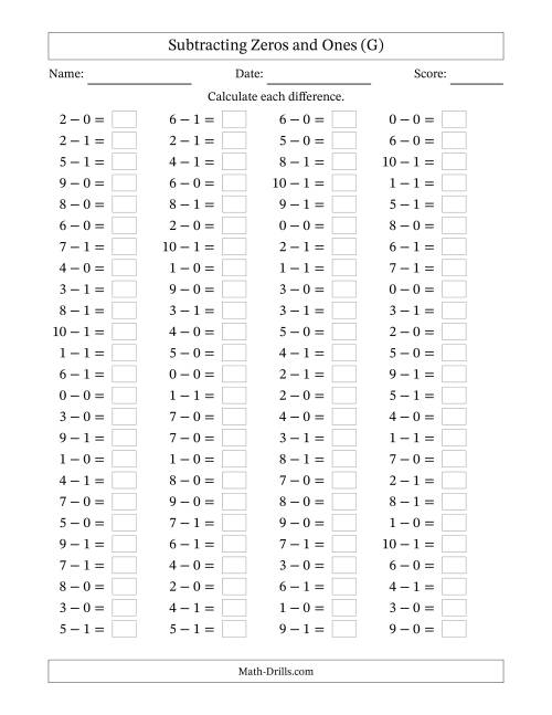 The Horizontally Arranged Subtracting Zeros and Ones with Differences from 0 to 9 (100 Questions) (G) Math Worksheet