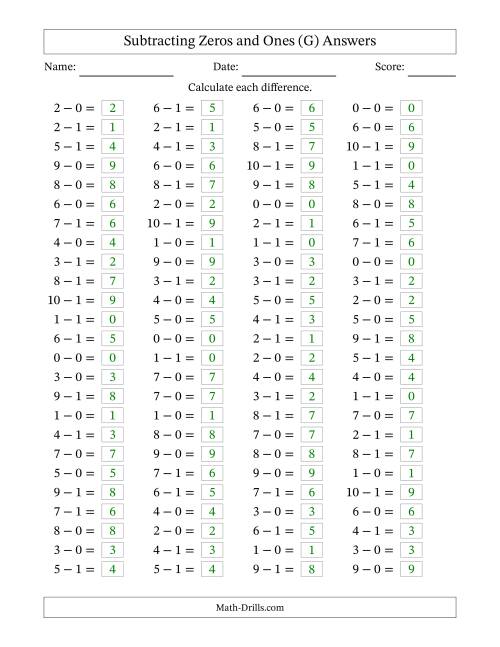 The Horizontally Arranged Subtracting Zeros and Ones with Differences from 0 to 9 (100 Questions) (G) Math Worksheet Page 2