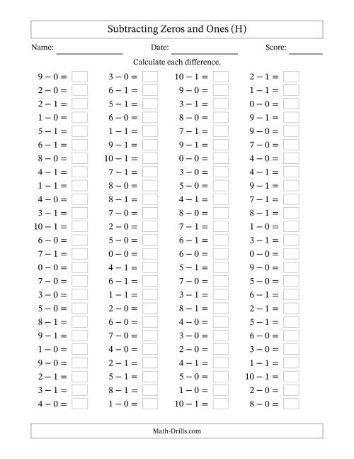 The Horizontally Arranged Subtracting Zeros and Ones with Differences from 0 to 9 (100 Questions) (H) Math Worksheet