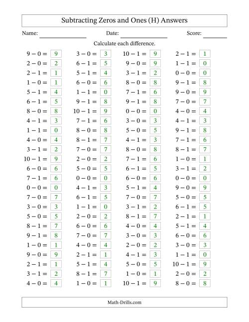 The Horizontally Arranged Subtracting Zeros and Ones with Differences from 0 to 9 (100 Questions) (H) Math Worksheet Page 2