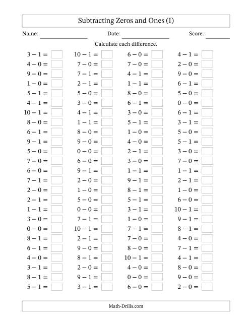 The Horizontally Arranged Subtracting Zeros and Ones with Differences from 0 to 9 (100 Questions) (I) Math Worksheet