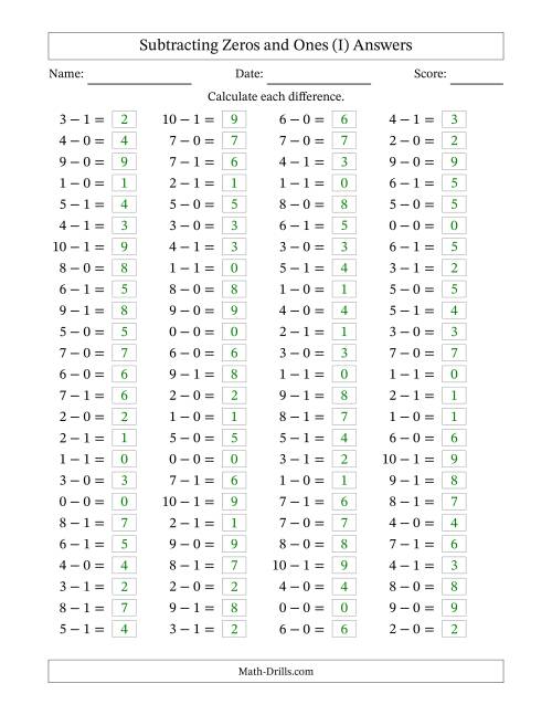 The Horizontally Arranged Subtracting Zeros and Ones with Differences from 0 to 9 (100 Questions) (I) Math Worksheet Page 2