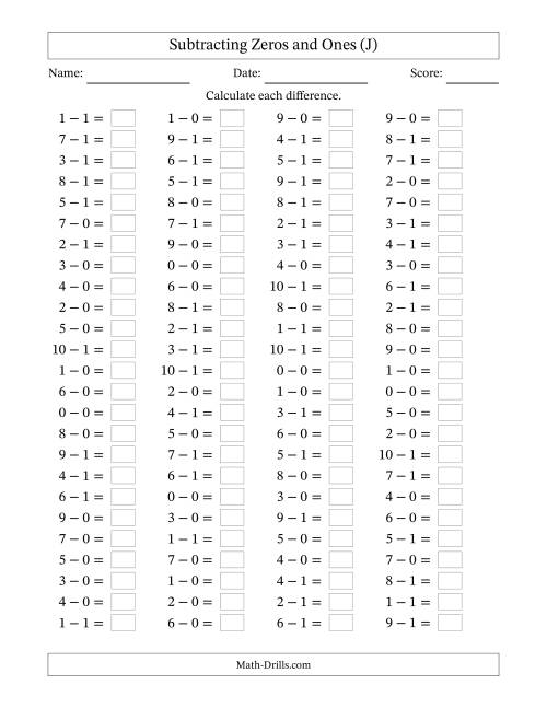 The Horizontally Arranged Subtracting Zeros and Ones with Differences from 0 to 9 (100 Questions) (J) Math Worksheet
