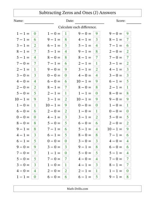 The Horizontally Arranged Subtracting Zeros and Ones with Differences from 0 to 9 (100 Questions) (J) Math Worksheet Page 2