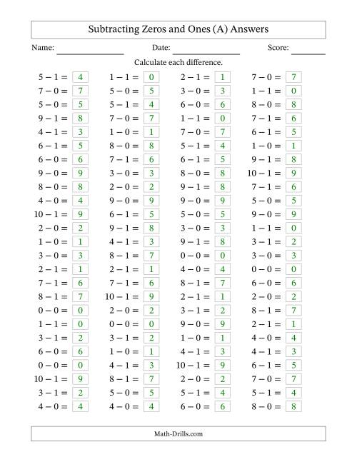 The Horizontally Arranged Subtracting Zeros and Ones with Differences from 0 to 9 (100 Questions) (All) Math Worksheet Page 2