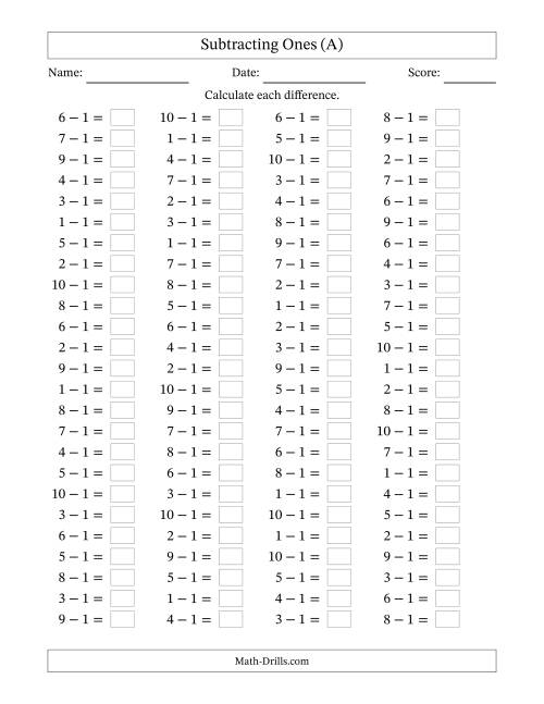 The Horizontally Arranged Subtracting Ones with Differences from 0 to 9 (100 Questions) (A) Math Worksheet