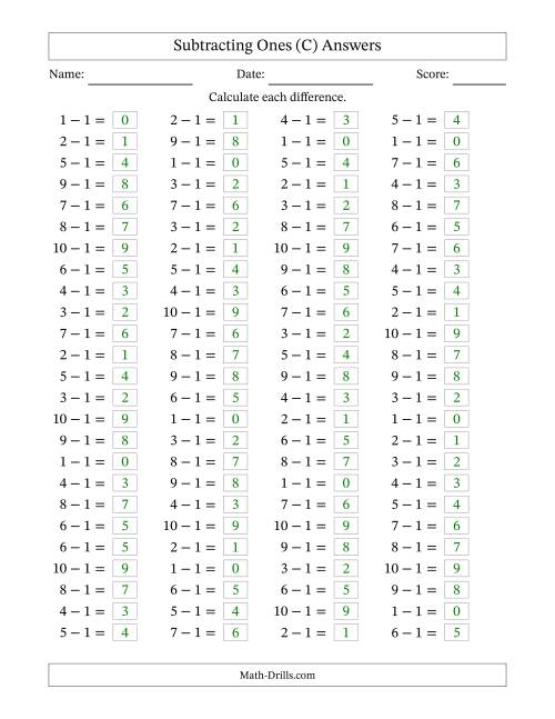 The Horizontally Arranged Subtracting Ones with Differences from 0 to 9 (100 Questions) (C) Math Worksheet Page 2