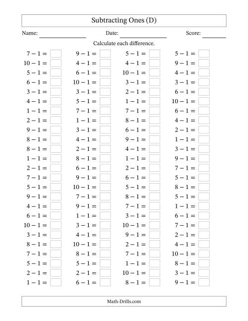 The Horizontally Arranged Subtracting Ones with Differences from 0 to 9 (100 Questions) (D) Math Worksheet