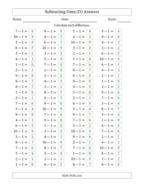 The Horizontally Arranged Subtracting Ones with Differences from 0 to 9 (100 Questions) (D) Math Worksheet Page 2