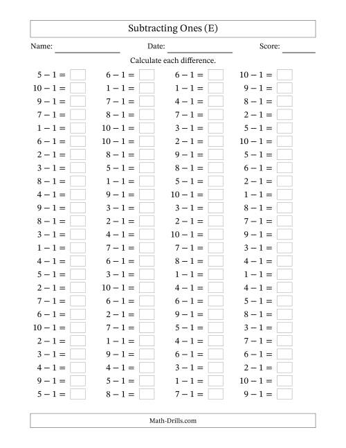 The Horizontally Arranged Subtracting Ones with Differences from 0 to 9 (100 Questions) (E) Math Worksheet