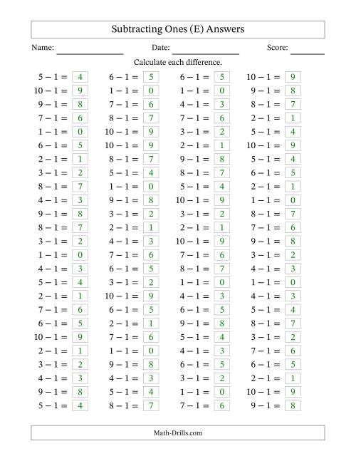 The Horizontally Arranged Subtracting Ones with Differences from 0 to 9 (100 Questions) (E) Math Worksheet Page 2