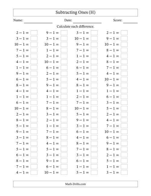 The Horizontally Arranged Subtracting Ones with Differences from 0 to 9 (100 Questions) (H) Math Worksheet
