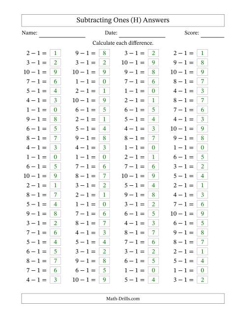 The Horizontally Arranged Subtracting Ones with Differences from 0 to 9 (100 Questions) (H) Math Worksheet Page 2