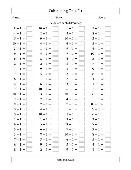The Horizontally Arranged Subtracting Ones with Differences from 0 to 9 (100 Questions) (I) Math Worksheet