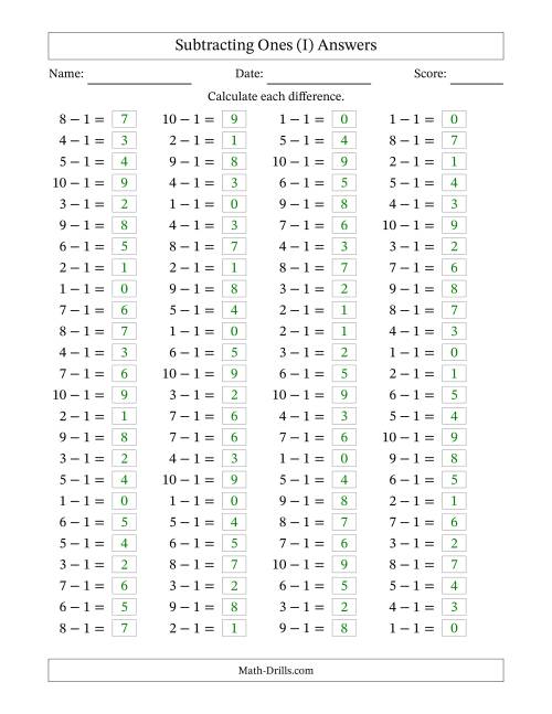 The Horizontally Arranged Subtracting Ones with Differences from 0 to 9 (100 Questions) (I) Math Worksheet Page 2