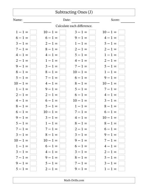 The Horizontally Arranged Subtracting Ones with Differences from 0 to 9 (100 Questions) (J) Math Worksheet