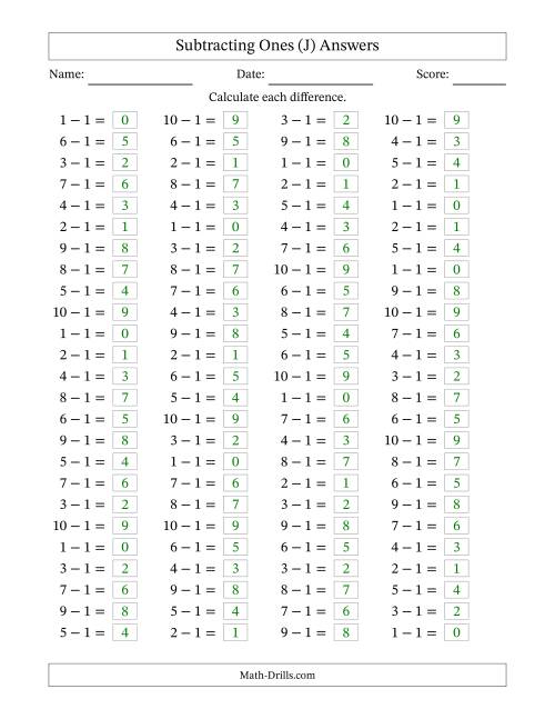 The Horizontally Arranged Subtracting Ones with Differences from 0 to 9 (100 Questions) (J) Math Worksheet Page 2