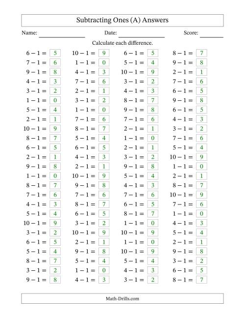 The Horizontally Arranged Subtracting Ones with Differences from 0 to 9 (100 Questions) (All) Math Worksheet Page 2