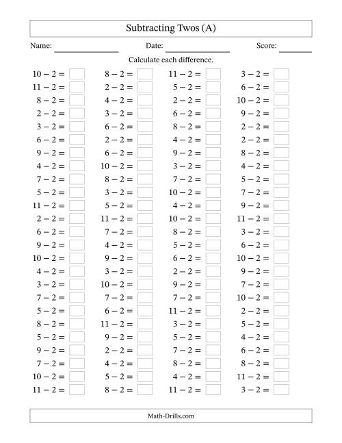 The Horizontally Arranged Subtracting Twos with Differences from 0 to 9 (100 Questions) (A) Math Worksheet