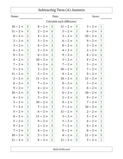 The Horizontally Arranged Subtracting Twos with Differences from 0 to 9 (100 Questions) (A) Math Worksheet Page 2