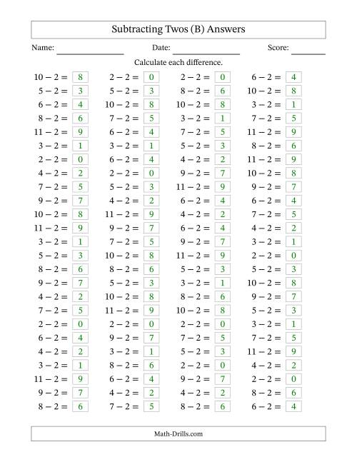 The Horizontally Arranged Subtracting Twos with Differences from 0 to 9 (100 Questions) (B) Math Worksheet Page 2
