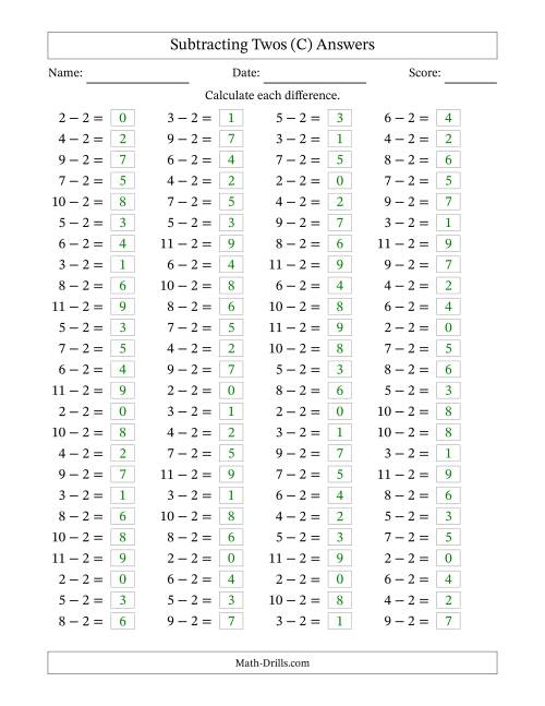 The Horizontally Arranged Subtracting Twos with Differences from 0 to 9 (100 Questions) (C) Math Worksheet Page 2