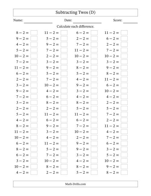 The Horizontally Arranged Subtracting Twos with Differences from 0 to 9 (100 Questions) (D) Math Worksheet