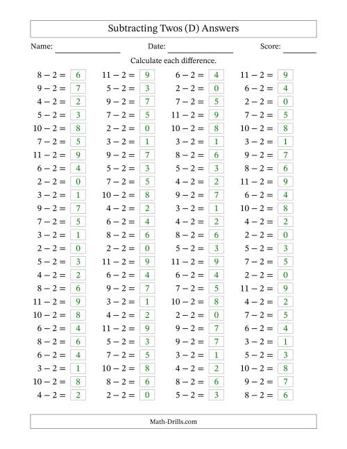 The Horizontally Arranged Subtracting Twos with Differences from 0 to 9 (100 Questions) (D) Math Worksheet Page 2