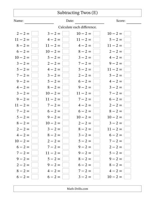 The Horizontally Arranged Subtracting Twos with Differences from 0 to 9 (100 Questions) (E) Math Worksheet