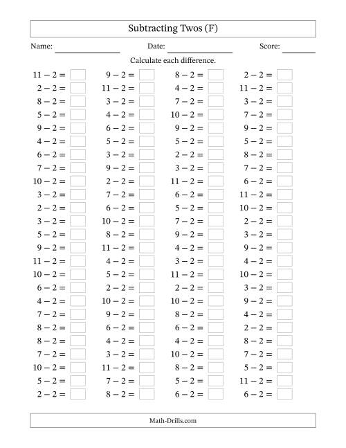 The Horizontally Arranged Subtracting Twos with Differences from 0 to 9 (100 Questions) (F) Math Worksheet