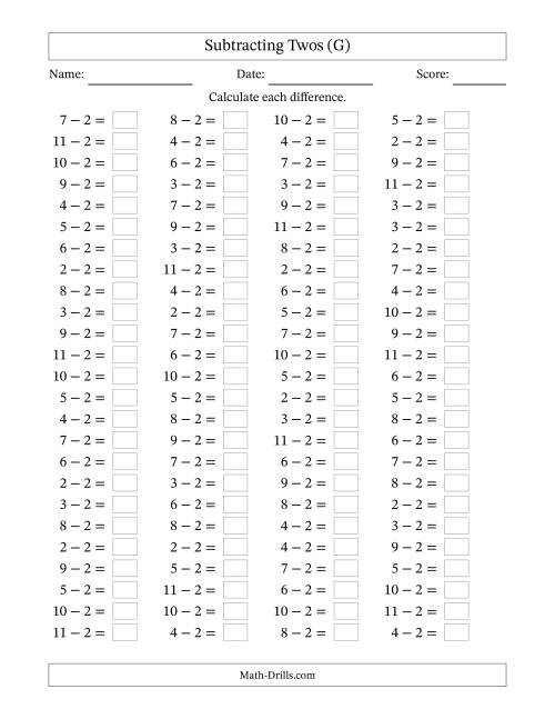 The Horizontally Arranged Subtracting Twos with Differences from 0 to 9 (100 Questions) (G) Math Worksheet