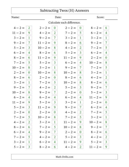 The Horizontally Arranged Subtracting Twos with Differences from 0 to 9 (100 Questions) (H) Math Worksheet Page 2