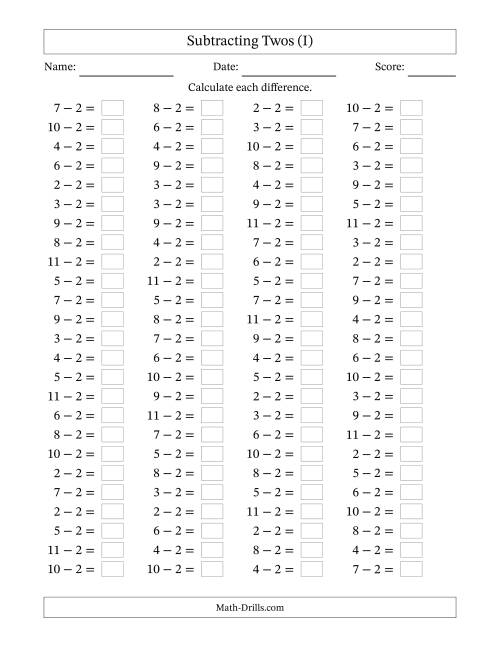 The Horizontally Arranged Subtracting Twos with Differences from 0 to 9 (100 Questions) (I) Math Worksheet