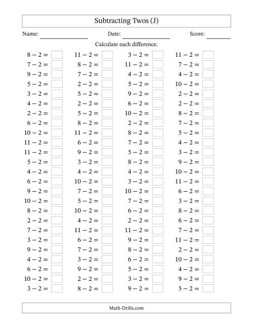 The Horizontally Arranged Subtracting Twos with Differences from 0 to 9 (100 Questions) (J) Math Worksheet