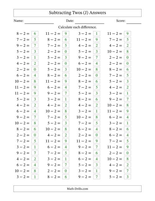 The Horizontally Arranged Subtracting Twos with Differences from 0 to 9 (100 Questions) (J) Math Worksheet Page 2
