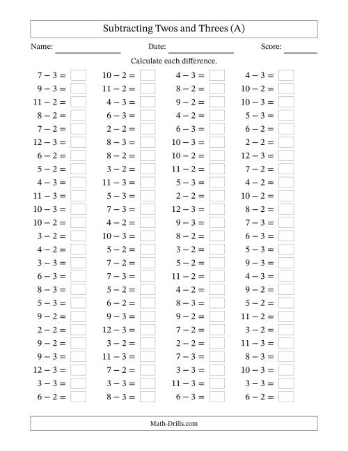 The Horizontally Arranged Subtracting Twos and Threes with Differences from 0 to 9 (100 Questions) (A) Math Worksheet