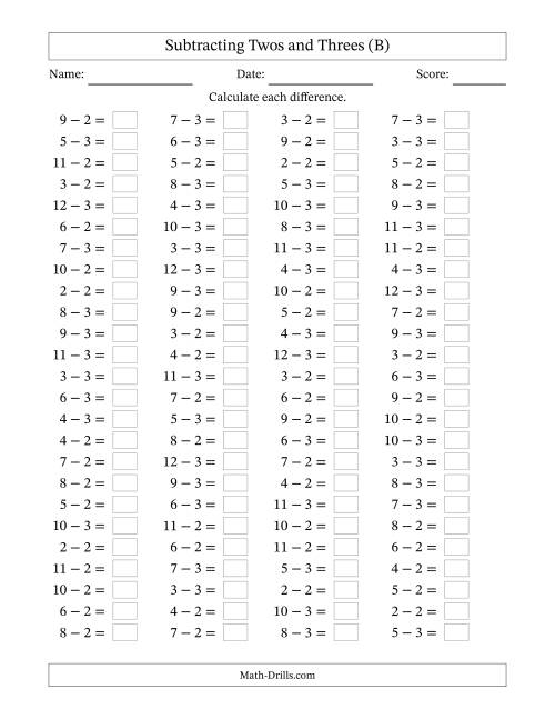 The Subtracting 2 and 3 (100 Horizontal Questions) (B) Math Worksheet