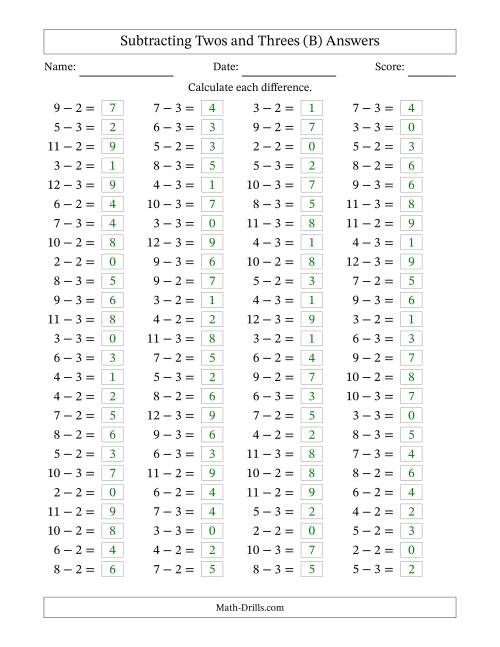 The Horizontally Arranged Subtracting Twos and Threes with Differences from 0 to 9 (100 Questions) (B) Math Worksheet Page 2