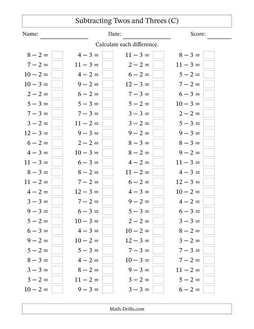 The Subtracting 2 and 3 (100 Horizontal Questions) (C) Math Worksheet