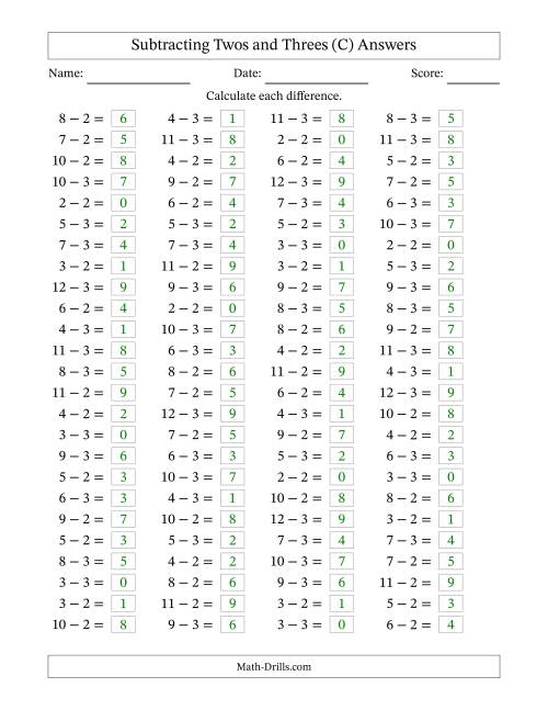 The Subtracting 2 and 3 (100 Horizontal Questions) (C) Math Worksheet Page 2