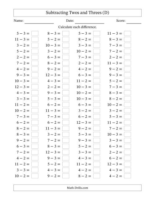 The Subtracting 2 and 3 (100 Horizontal Questions) (D) Math Worksheet