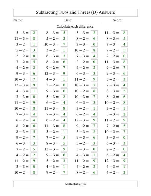 The Subtracting 2 and 3 (100 Horizontal Questions) (D) Math Worksheet Page 2