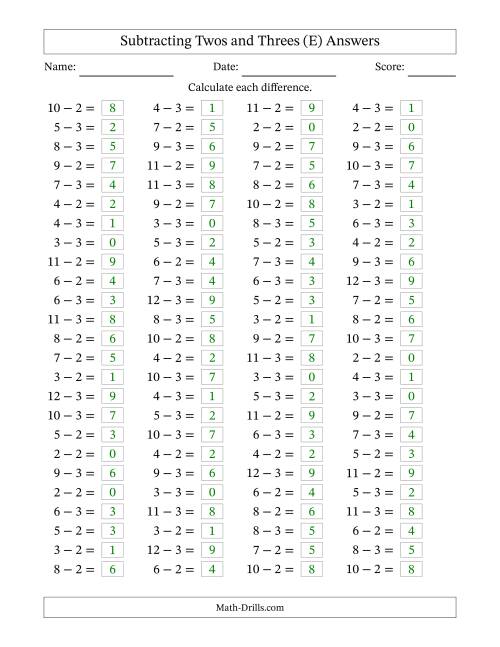 The Horizontally Arranged Subtracting Twos and Threes with Differences from 0 to 9 (100 Questions) (E) Math Worksheet Page 2