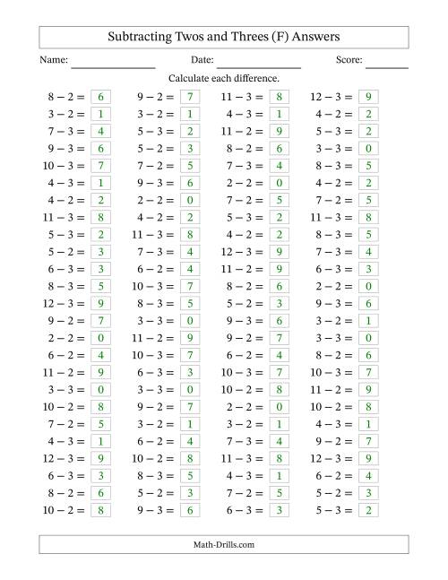 The Horizontally Arranged Subtracting Twos and Threes with Differences from 0 to 9 (100 Questions) (F) Math Worksheet Page 2