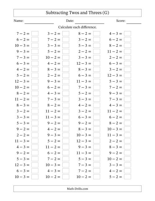 The Subtracting 2 and 3 (100 Horizontal Questions) (G) Math Worksheet