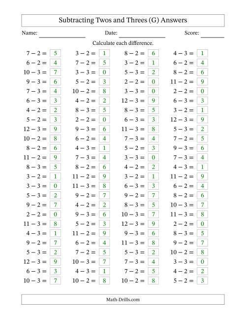 The Subtracting 2 and 3 (100 Horizontal Questions) (G) Math Worksheet Page 2