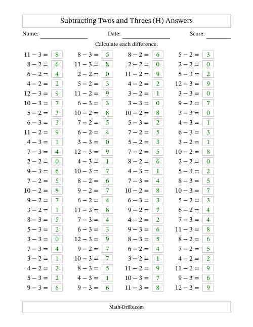 The Horizontally Arranged Subtracting Twos and Threes with Differences from 0 to 9 (100 Questions) (H) Math Worksheet Page 2